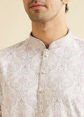 alt message - Manyavar Men Pink & Warm White Chikankari Inspired Floral Buta Print Kurta Set image number 1